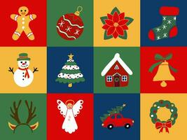 Flat geometric Christmas composition with traditional items. Bold hand drawn minimalistic winter holiday related elements. Good for social media, graphic poster, card, printout, pattern vector