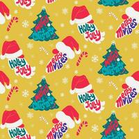 Christmas retro groovy lettering seamless pattern with Santa Claus silhouettes and Christmas trees. Hand drawn lettering Merry Vibes, Holly Jolly, Merry Christmas in flat minimalistic style vector