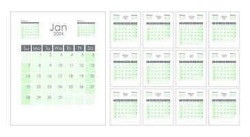 Calendar 2024 template vertical. Week starts on Sunday. With previous and next month miniature. Vector design.