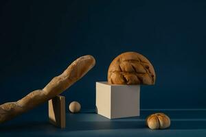 Composition with bread and croissants on a blue background. photo