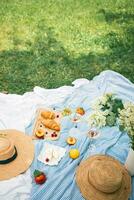 Picnic with croissants and fruits on blanket in summer park photo