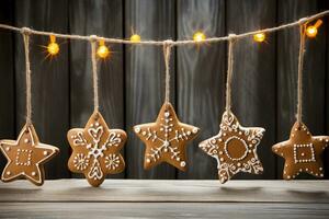 Gingerbread stars and snowflakes homemade cookies hanging on a string. Christmas pastries. AI generated. photo