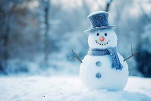 Cute snowman in a hat and scarf in a forest. Winter background with copy space. AI generated. photo