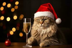 Fluffy cat in Santa Claus hat with a glass of champagne and Christmas ball with copy space. Christmas and New Year celebration. AI generated. photo