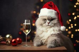 Fluffy cat in Santa Claus hat with a glass of champagne and Christmas decorations. Christmas and New Year. AI generated. photo