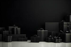 Black Friday sale concept. Gift boxes on dark background. Copy space. AI generated. photo