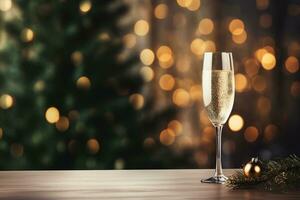 Glass of sparkling champagne on the table next to Christmas tree. Christmas and New Year background with copy space. AI generated. photo