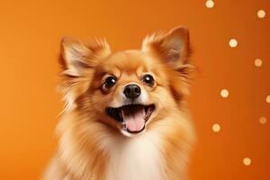 Happy cute dog portrait on orange background with festive decorations and copy space. AI generated. photo