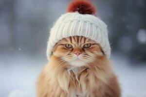 gracioso mullido jengibre gato en en un calentar de punto sombrero en un invierno día. ai generado. foto