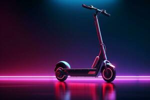 Electric scooter on neon background with copy space. Eco transport. AI generated. photo