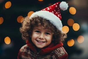 contento pequeño Rizado chico en Papa Noel claus sombrero en festivo antecedentes. Navidad y nuevo año celebracion concepto. ai generado. foto