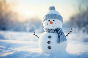 Cute snowman in a knitted hat and scarf in a forest. Winter background with copy space. AI generated. photo