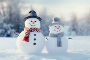 dos linda muñecos de nieve en sombreros y de punto bufandas en un invierno bosque. ai generado. foto