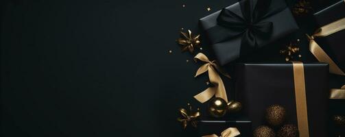 Black Friday sale banner. Gift boxes with gold ribbons on dark background with copy space. AI generated. photo