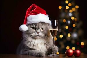 Fluffy cute cat in Santa Claus hat holding a glass of champagne. Christmas and New Year celebration. AI generated. photo