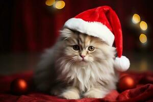 Fluffy cute kitten in Santa Claus hat. Christmas and New Year celebration concept. AI generated. photo