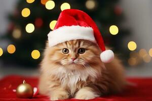 Fluffy cute kitten in Santa Claus hat in front of Christmas tree. Christmas and New Year celebration concept. AI generated. photo