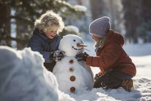 Two happy little kids making a snowman on a winter day. AI generated. photo