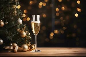 Glass of champagne on the table next to Christmas tree. Christmas and New Year background with copy space. AI generated. photo