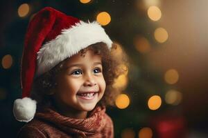 Happy little curly boy in Santa Claus hat on festive background with copy space. Christmas and New Year celebration concept. AI generated. photo