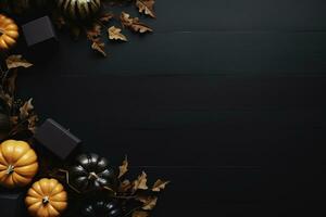 Black Friday sale concept. Pumpkins, autumn leaves and gift boxes on dark background with copy space. AI generated. photo