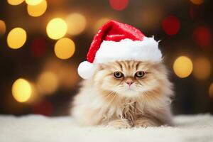 Fluffy cute kitten in Santa Claus hat. Christmas and New Year celebration. Copy space. AI generated. photo