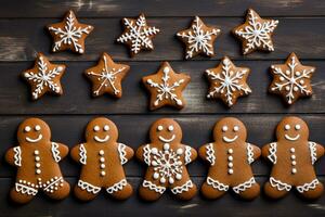 Gingerbread men, stars and snowflakes homemade cookies. Christmas pastries. Close up, top view. AI generated. photo