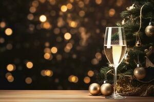 Glass of sparkling champagne on the table next to decorated Christmas tree. Christmas and New Year background with copy space. AI generated. photo