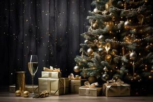 Glass of champagne and gift boxes under Christmas tree. Christmas and New Year background with copy space. AI generated. photo