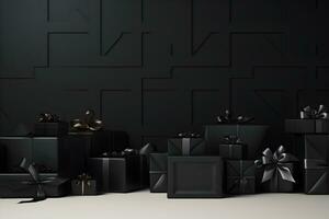 Black Friday sale concept. Gift boxes on dark background with copy space. AI generated. photo