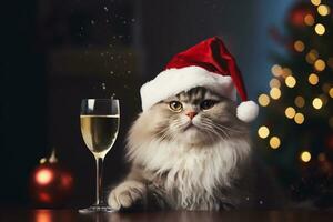 Fluffy cat in Santa Claus hat with a glass of champagne near Christmas tree. Christmas and New Year celebration. AI generated. photo