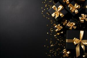 Black Friday sale concept. Gift boxes with gold ribbons and confetti on dark background with copy space. AI generated. photo