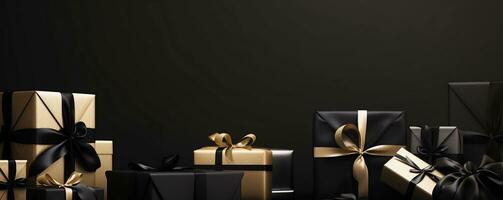 Black Friday sale banner. Gift boxes on dark background with copy space. AI generated. photo