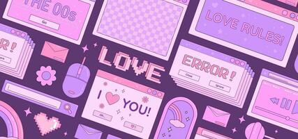 Valentine's Day Y2K banner with retro computer desktop windows, rainbow, lollipops, flowers and pixel heart symbols. Vector illustration.