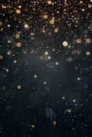 Abstract festive dark background with gold glitter and bokeh. New year, birthday, holidays celebration. AI generated. photo