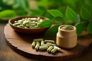 Wooden bowl of moringa capsules, powder and fresh leaves on the table. Superfood, dietary supplement. AI generated. photo