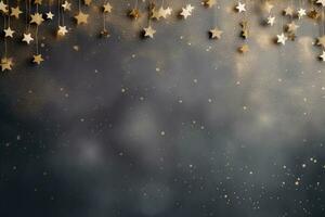 Abstract festive dark background with gold stars. New year, birthday, holidays celebration. AI generated. photo