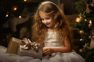 Happy little girl unpacking gifts at the Christmas tree. Christmas and New Year celebration. AI generated. photo