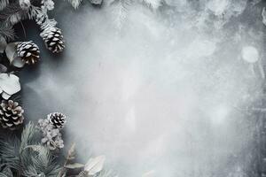 Winter background with copy space. Fir branches and cones with snow, top view. AI generated. photo