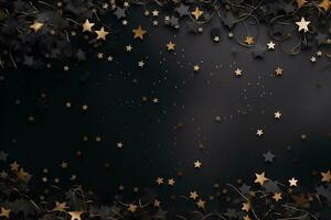 Abstract festive dark background with gold and black stars. New year, birthday, holidays celebration. AI generated. photo
