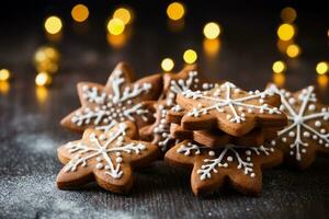 Gingerbread snowflakes homemade cookies on festive background, close up. Christmas pastries. AI generated. photo