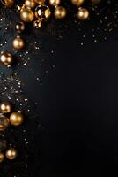 Black vertical background with gold Christmas balls and copy space. New Year, winter holidays. AI generated. photo