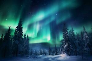 Northern lights in the forest. Aurora Borealis. Beautiful winter night landscape. AI generated. photo