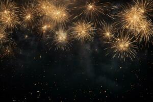 Festive dark background with fireworks. New year, birthday, other holidays celebration. AI generated. photo