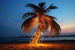 Palm tree decorated with a garland on the beach. Christmas, New Year celebration in the tropics. AI generated. photo