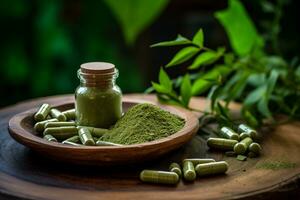 Wooden bowl of moringa powder and capsules on the table. Superfood, dietary supplement. AI generated. photo