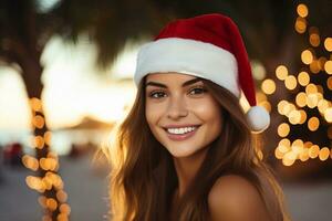 Happy young woman in Santa hat on tropical beach under palm trees. Christmas, New Year celebration in the tropics. AI generated. photo