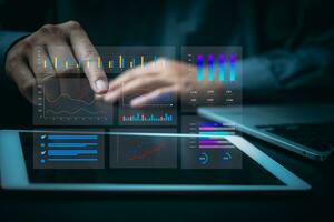 financial charts and graph analysis marketing floating above digital screen tablet, business KPI Dashboard strategy for growth and success on virtual screen. photo