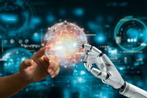 manos de robot y humano conmovedor red conexión grande datos innovación y futurista en el holograma pantalla. artificial inteligencia ai, máquina aprendizaje digital tecnología, foto