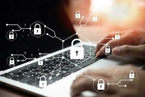 Cyber Security system Protects Data Information Safe Storage Networks. businessman using laptop Internet Secure Data Management privacy. photo